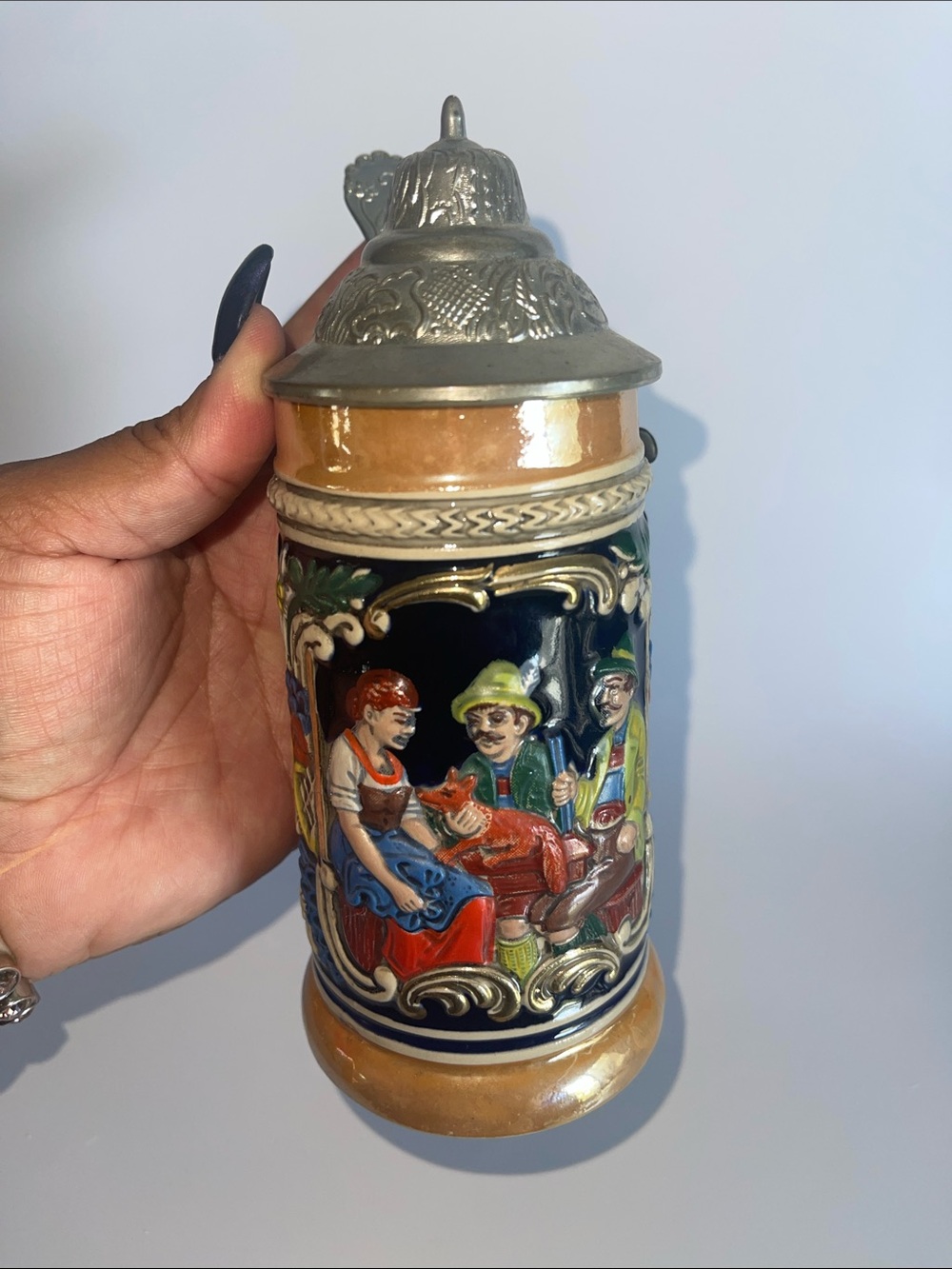 Vintage German Ceramic Beer Stein with Pewter Lid